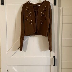 Cider Brown Cardigan with Floral Embroidery